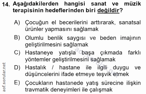 14. soru: Aşağıdakilerden hangisi sanat ve müzik terapisinin hedeflerinden biri değildir? A) Çocuğun el becerilerini arttırarak…