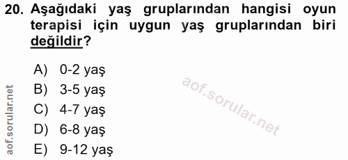 20. soru: Aşağıdaki yaş gruplarından hangisi oyun terapisi için uygun yaş gruplarından biri değildir? A) 0-2 yaş B) 3-5 yaş C)…