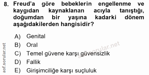 8. soru: Freud'a göre bebeklerin engellenme ve kaygıdan kaynaklanan acıyla tanıştığı, doğumdan bir yaşına kadarki dönem aşağıd…
