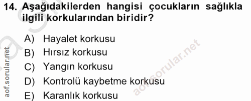 14. soru: Aşağıdakilerden hangisi çocukların sağlıkla ilgili korkularından biridir? A) Hayalet korkusu B) Hırsız korkusu ar.ne…
