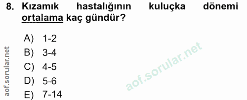 8. soru: Kızamık hastalığının kuluçka dönemi ortalama kaç gündür? A) 1-2 B) 3-4 C) 4-5 D) 5-6 E) 7-14