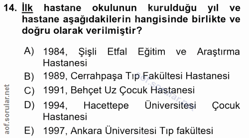 14. soru: ilk hastane okulunun kurulduğu yıl ve hastane aşağıdakilerin hangisinde birlikte ve doğru olarak verilmiştir? A) 1984…