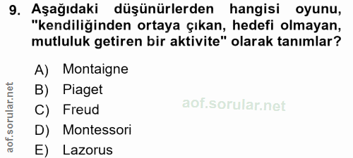9. soru: Aşağıdaki düşünürlerden hangisi oyunu, "kendiliğinden ortaya çıkan, hedefi olmayan, mutluluk getiren bir aktivite" ol…