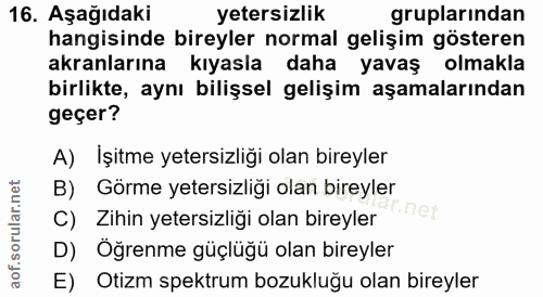 16. soru: Aşağıdaki yetersizlik gruplarından hangisinde bireyler normal gelişim gösteren akranlarına kıyasla daha yavaş : olmak…