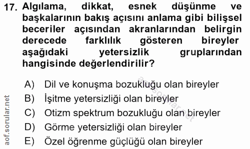 17. soru: Algılama, dikkat, esnek düşünme ve başkalarının bakış açısını anlama gibi bilişsel beceriler açısından akranlarından…