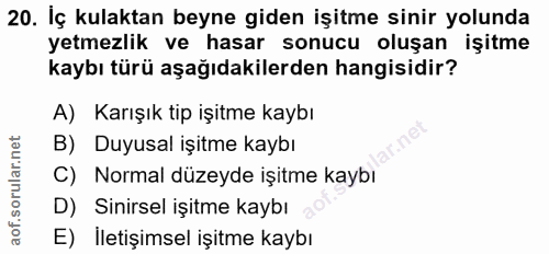 20. soru: İç kulaktan beyne giden işitme sinir yolunda yetmezlik ve hasar sonucu oluşan işitme kaybı türü aşağıdakilerden hangi…