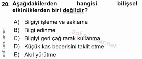 20. soru: Aşağıdakilerden hangisi bilişsel etkinliklerden biri değildir? A) Bilgiyi işleme ve saklama B) Bilgi edinme C) Bilgiy…