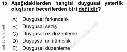 12. soru: Aşağıdakilerden hangisi duygusal yeterlik oluşturan becerilerden biri değildir? A) Duygusal farkındalık B) Duygusal s…