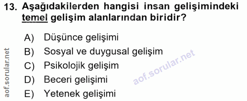 13. soru: Aşağıdakilerden hangisi insan gelişimindeki temel gelişim alanlarından biridir? A) Düşünce gelişimi B) Sosyal ve duyg…