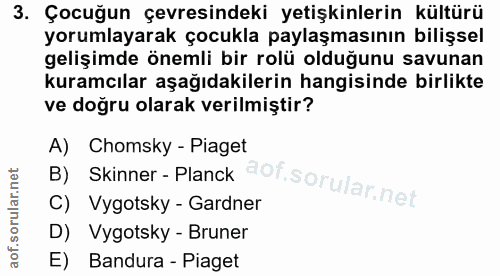 3. soru: Çocuğun çevresindeki yetişkinlerin kültürü yorumlayarak çocukla paylaşmasının bilişsel gelişimde önemli bir rolü oldu…