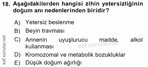 18. soru: Aşağıdakilerden hangisi zihin yetersizliğinin doğum anı nedenlerinden biridir? A) Yetersiz beslenme B) Beyin travması…
