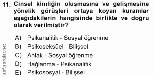 11. soru: Cinsel kimliğin oluşmasına ve gelişmesine yönelik görüşleri ortaya koyan kuramlar aşağıdakilerin hangisinde birlikte…