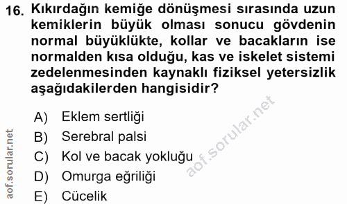 16. soru: Kıkırdağın kemiğe dönüşmesi sırasında uzun kemiklerin büyük olması sonucu gövdenin normal büyüklükte, kollar ve bacak…