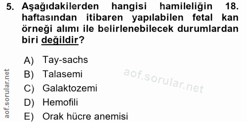 5. soru: Aşağıdakilerden hangisi hamileliğin 18. haftasından itibaren yapılabilen fetal kan örneği alımı ile belirlenebilecek…