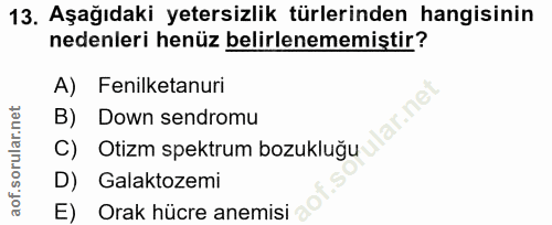 13. soru: Aşağıdaki yetersizlik türlerinden hangisinin nedenleri henüz belirlenememiştir? A) Fenilketanuri lar.ne B) Down sendr…