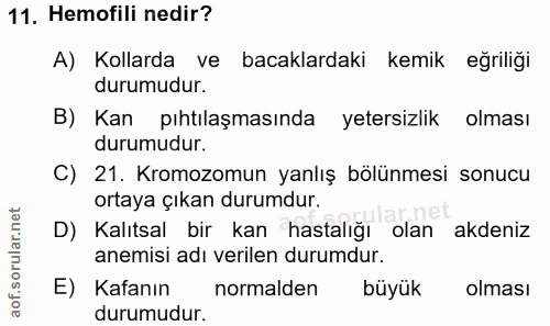 11. soru: Hemofili nedir? A) Kollarda ve bacaklardaki kemik eğriliği durumudur. B) Kan pıhtılaşmasında yetersizlik olması durum…