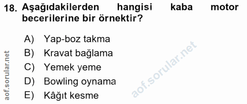 18. soru: Aşağıdakilerden hangisi kaba motor becerilerine bir örnektir? A) Yap-boz takma B) Kravat bağlama C) Yemek yeme D) Bow…
