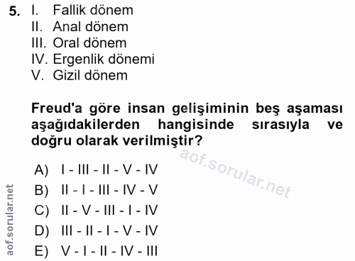 5. soru: I. Fallik dönem Il. Anal dönem III. Oral dönem IV. Ergenlik dönemi V. Gizil dönem Freud'a göre insan gelişiminin beş…
