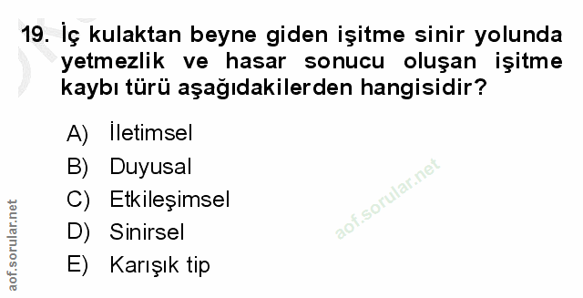 19. soru: Iç kulaktan beyne giden işitme sinir yolunda yetmezlik ve hasar sonucu oluşan işitme kaybı türü aşağıdakilerden hangi…