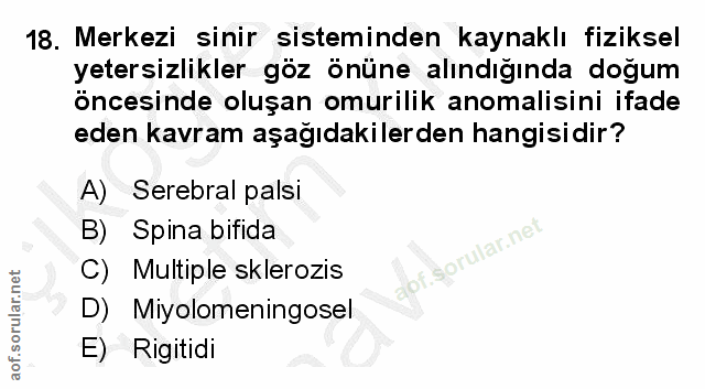 18. soru: Merkezi sinir sisteminden kaynaklı fiziksel yetersizlikler göz önüne alındığında doğum öncesinde oluşan omurilik anom…