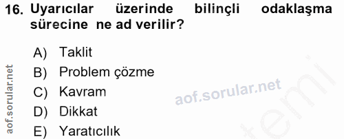 16. soru: Uyarıcılar üzerinde bilinçli odaklaşma sürecine ne ad verilir? A) Taklit B) Problem çözme C) Kavram D) Dikkat E) Yara…