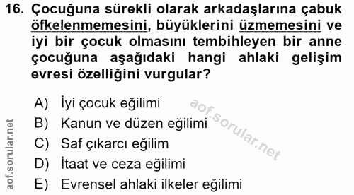 16. soru: Çocuğuna sürekli olarak arkadaşlarına çabuk öfkelenmemesini, büyüklerini üzmemesini ve iyi bir çocuk olmasını tembihl…