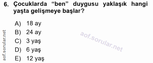 6. soru: Çocuklarda "ben" duygusu yaklaşık hangi yaşta gelişmeye başlar? A) 18 ay B) 24 ay C) 3 yaş D) 6 yaş E) 12 yaş