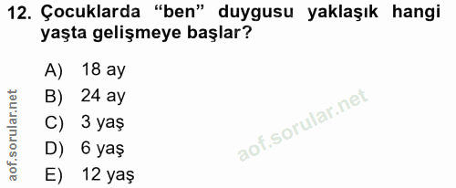 12. soru: Çocuklarda "ben" duygusu yaklaşık hangi yaşta gelişmeye başlar? A) 18 ay B) 24 ay C) 3 yaş D) 6 yaş E) 12 yaş