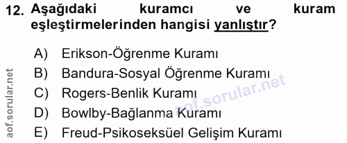 12. soru: Aşağıdaki kuramcı ve kuram eşleştirmelerinden hangisi yanlıştır? A) Erikson-Öğrenme Kuramı B) Bandura-Sosyal Öğrenme…