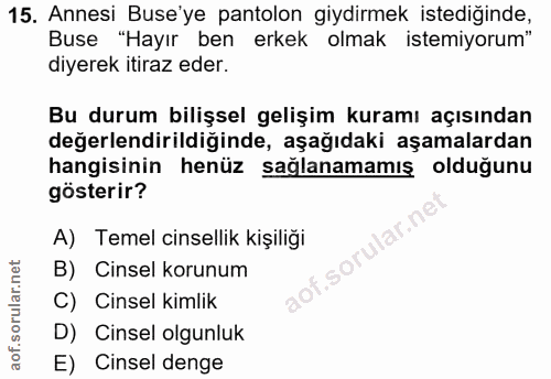 15. soru: Annesi Buse'ye pantolon giydirmek istediğinde, Buse "Hayır ben erkek olmak istemiyorum" diyerek itiraz eder. Bu durum…