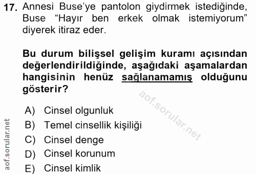 17. soru: Annesi Buse'ye pantolon giydirmek istediğinde, Buse "Hayır ben erkek olmak istemiyorum" diyerek itiraz eder. Bu durum…