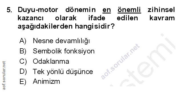 5. soru: Duyu-motor dönemin en önemli zihinsel kazancı olarak ifade edilen kavram aşağıdakilerden hangisidir? A) Nesne devamlı…