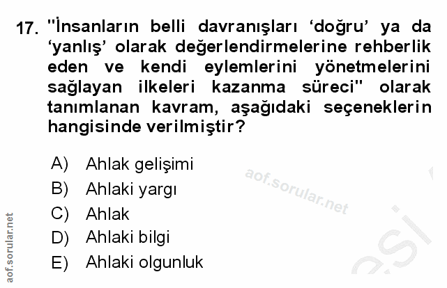 17. soru: "Insanların belli davranışları 'doğru' ya da 'yanlış' olarak değerlendirmelerine rehberlik eden ve kendi eylemlerini…