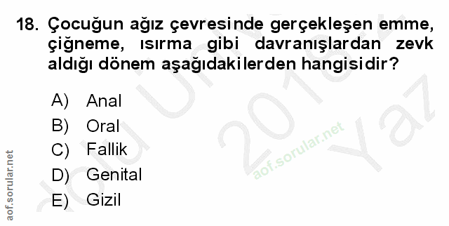 18. soru: Çocuğun ağız çevresinde gerçekleşen emme, çigneme, ısırma gibi davranışlardan zevk aldığı dönem aşağıdakilerden hangi…