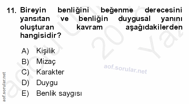 11. soru: Bireyin benliğini beğenme derecesini yansıtan ve benligin duygusal yanını oluşturan kavram aşağıdakilerden hangisidir…