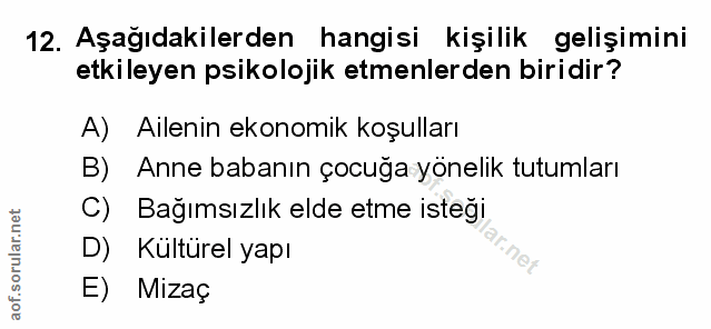 12. soru: Aşağıdakilerden hangisi kişilik gelişimini etkileyen psikolojik etmenlerden biridir? A) Ailenin ekonomik koşulları B)…