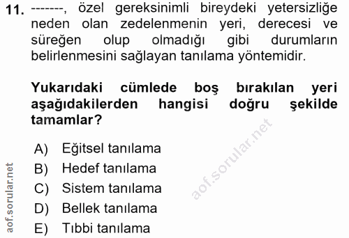 11. soru: -, özel gereksinimli bireydeki yetersizliğe neden olan zedelenmenin yeri, derecesi ve süreğen olup olmadığı gibi duru…