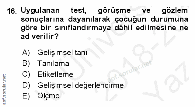 16. soru: Uygulanan test, görüşme ve gözlem sonuçlarına dayanılarak çocuğun durumuna göre bir sınıflandırmaya dâhil edilmesine…