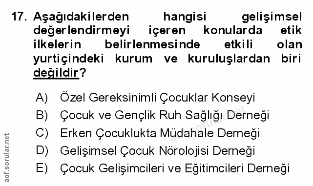 17. soru: Aşağıdakilerden hangisi gelişimsel değerlendirmeyi içeren konularda etik ilkelerin belirlenmesinde etkili olan yurtiç…