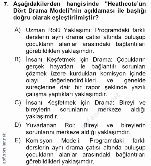 7. soru: Aşağıdakilerden hangisinde "Heathcote'un Dört Drama Modeli"nin açıklaması ile başlığı doğru olarak eşleştirilmiştir?…