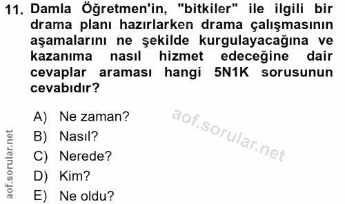 11. soru: Damla Öğretmen'in, "bitkiler" ile ilgili bir drama planı hazırlarken drama çalışmasının aşamalarını ne şekilde kurgul…