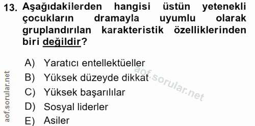 13. soru: Aşağıdakilerden hangisi üstün yetenekli çocukların dramayla uyumlu olarak gruplandırılan karakteristik özelliklerinde…