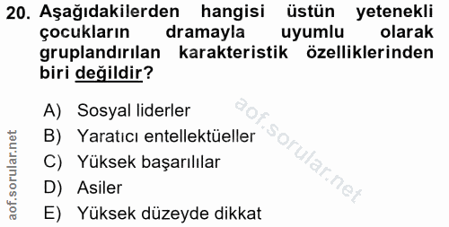 20. soru: Aşağıdakilerden hangisi üstün yetenekli çocukların dramayla uyumlu olarak gruplandırılan karakteristik özelliklerinde…
