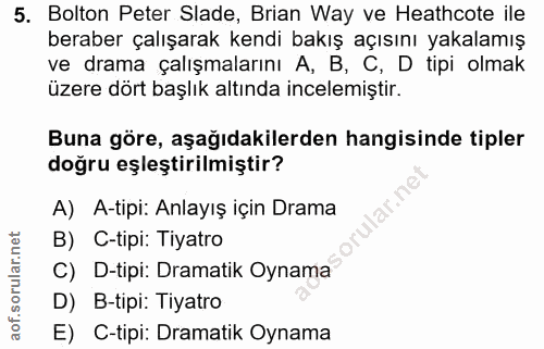 5. soru: Bolton Peter Slade, Brian Way ve Heathcote ile beraber çalışarak kendi bakış açısını yakalamış ve drama çalışmalarını…
