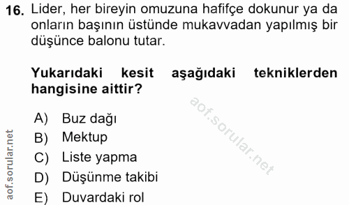 16. soru: Lider, her bireyin omuzuna hafifçe dokunur ya da onların başının üstünde mukavvadan yapılmış bir düşünce balonu tutar…