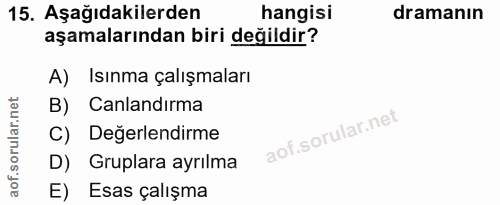 15. soru: Aşağıdakilerden hangisi dramanın aşamalarından biri değildir? A) Isınma çalışmaları B) Canlandırma C) Değerlendirme D…