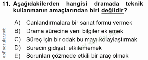 11. soru: Aşağıdakilerden hangisi dramada teknik kullanmanın amaçlarından biri değildir? A) Canlandırmalara bir sanat formu ver…