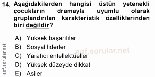 14. soru: Aşağıdakilerden hangisi üstün yetenekli çocukların dramayla uyumlu olarak gruplandırılan karakteristik özelliklerinde…