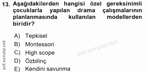 13. soru: Aşağıdakilerden hangisi özel gereksinimli çocuklarla yapılan drama çalışmalarının planlanmasında kullanılan modellerd…