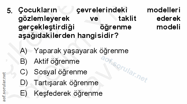 5. soru: Çocukların çevrelerindeki modelleri gözlemleyerek ve taklit ederek gerçekleştirdiği ögrenme modeli aşağıdakilerden ha…